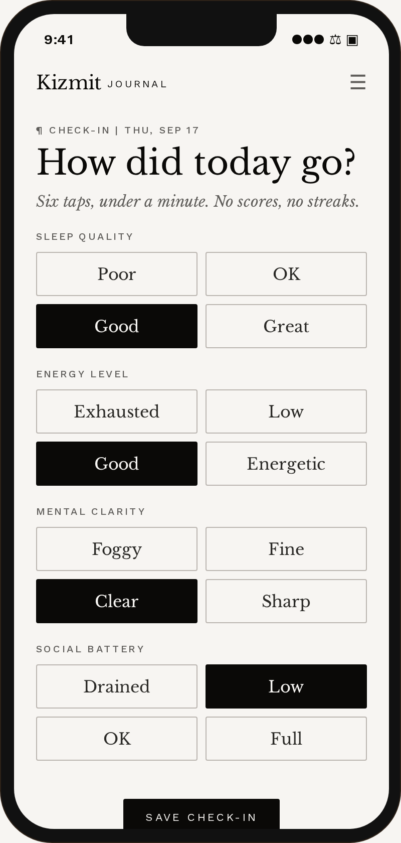 The Kizmit daily check-in on a phone: six dimensions, each answered with a tap.